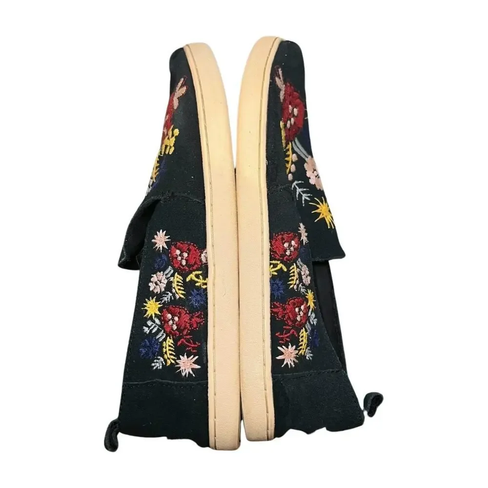 TOMS Alpargata Black Suede Floral Embroidered Slip On Flats Size 8.5 Boho